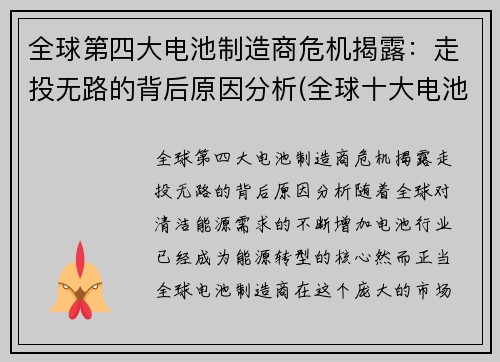全球第四大电池制造商危机揭露：走投无路的背后原因分析(全球十大电池制造商)