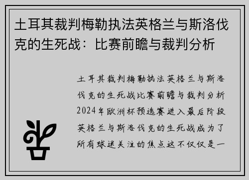 土耳其裁判梅勒执法英格兰与斯洛伐克的生死战：比赛前瞻与裁判分析