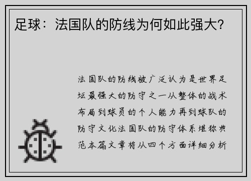 足球：法国队的防线为何如此强大？