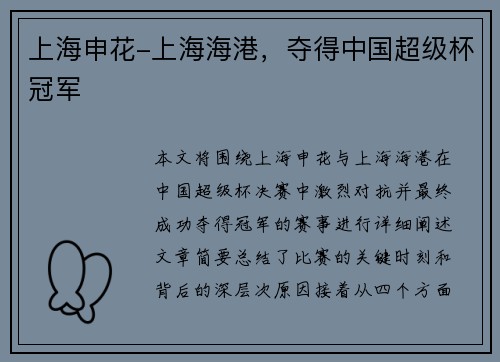 上海申花-上海海港，夺得中国超级杯冠军