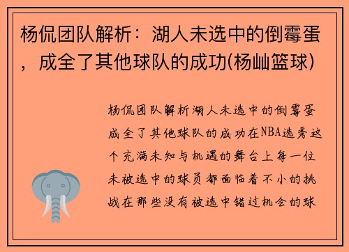 杨侃团队解析：湖人未选中的倒霉蛋，成全了其他球队的成功(杨屾篮球)